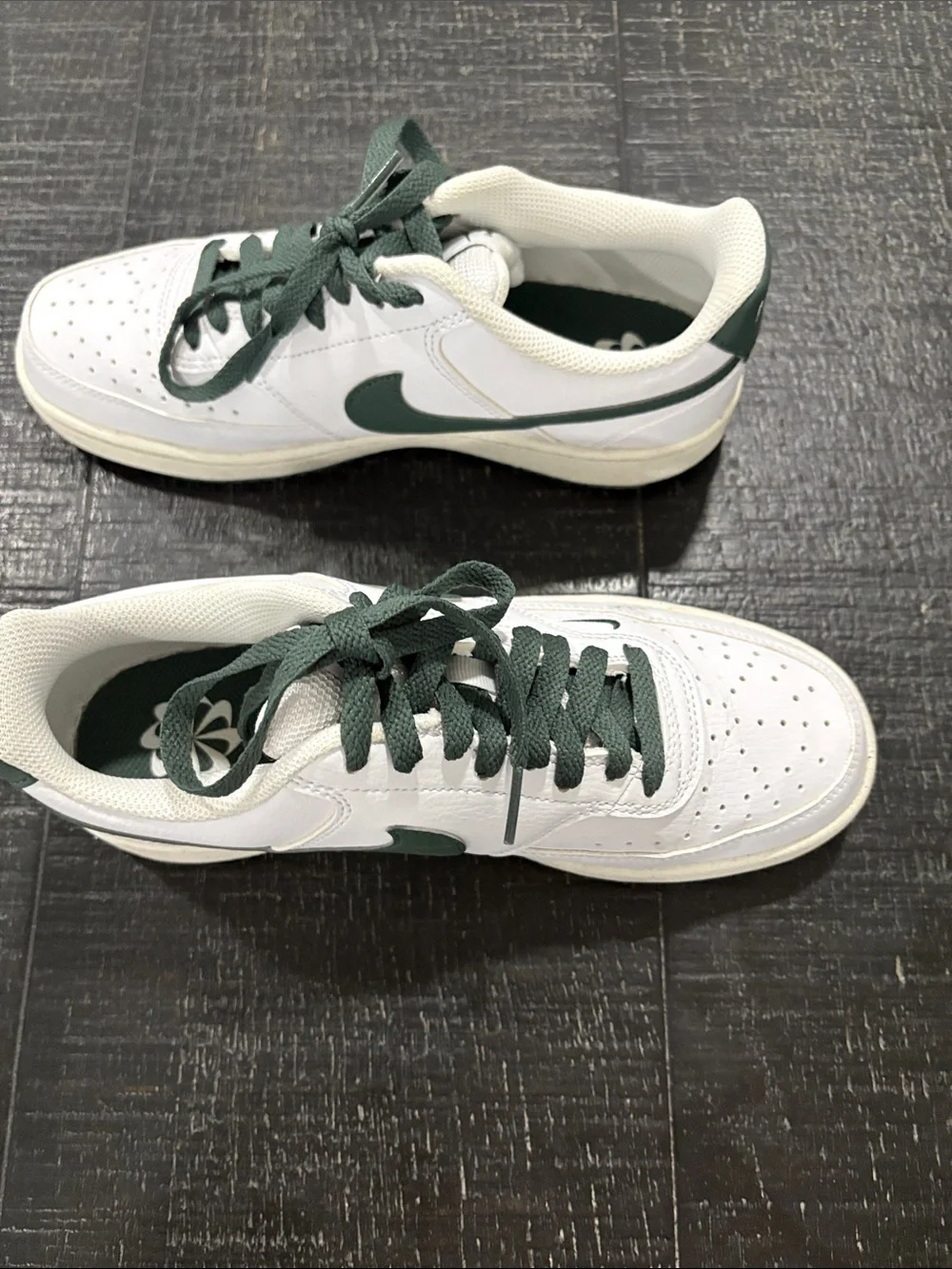 Nike White Sneakers with Forest Green Swoosh and Laces